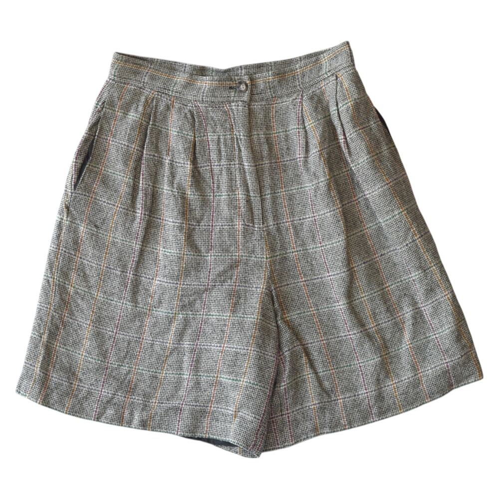 Vintage High-Waisted Plaid Silk Shorts – Size Small, Tweed Texture, Pockets